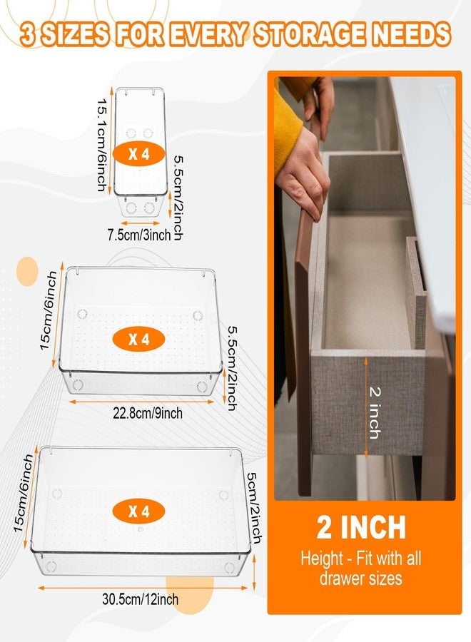 HaiFafafaing 12 Pcs Clear Plastic Drawer Organizer, 12"x 6"x2", 9"x6"x2", 6"x3"x2", Kitchen Bathroom Fridge Utensil Vanity Drawer Organizers Tray Makeup Storage Organizer Drawers Trays for Organization Office - Image 2